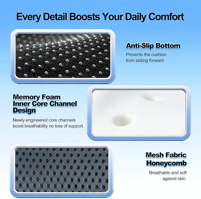 Ergonomic Memory Foam Seat Cushion Hemorrhoid Pillow for Hip Sciatica and Tailbone Pain Relief for Office Chair Car and Home (Grey)