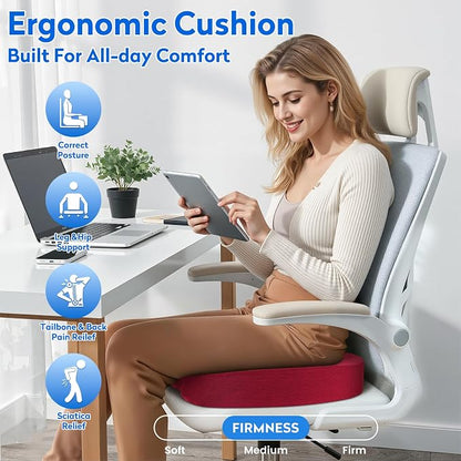 CushZone Seat Cushion, Office Chair Cushions, Car Seat Cushion, Non-Slip Sciatica & Back Coccyx Tailbone Pain Relief Chair Pad, Memory Foam (Large,Red)