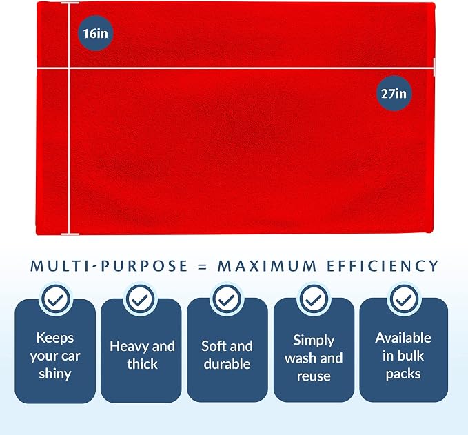 Cotton Towels for Multiple Use, 100% Ring Spun Cotton Towel Set, Heavy Duty - Super Absorbent Cleaning Towels for Car and Home - 16” X 27” (12 Pack, Red)