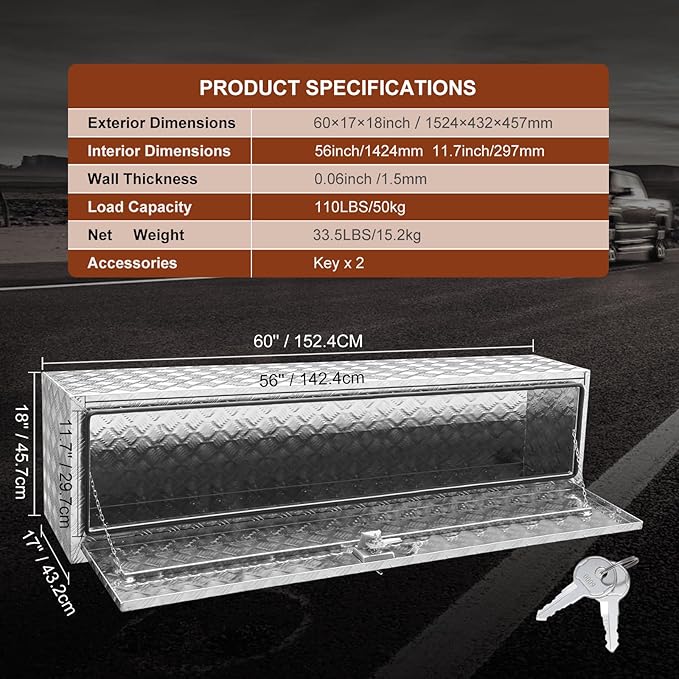 VEVOR Underbody Truck Box, 60"×17"×18" Pickup Storage Box, Heavy Duty Aluminum Diamond Plate Tool Box with Lock and Keys, Waterproof Trailer Storage Box with T-Handle Latch for Truck, Van, Trailer