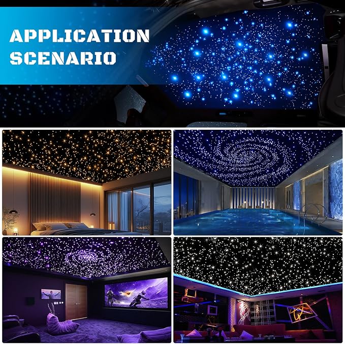 Fiber Optic Car Starlight Headliner Kit, Twinkle & Sound Activated RGBW 16W 200pcs*0.03in*6.5ft Fiber Strands Car Star Roof Lights with APP& Remote Controlled, Ceiling Star Lights for Home/Car Decor