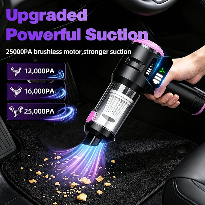 Wansimoo Handheld Car Vacuum Cleaner,25000PA Strong Cyclonic Suction Mini Vacuum Portable Cordless with Digital Display and One Touch Dust Removal for Car, Home, Office, Kitchen (Purple)