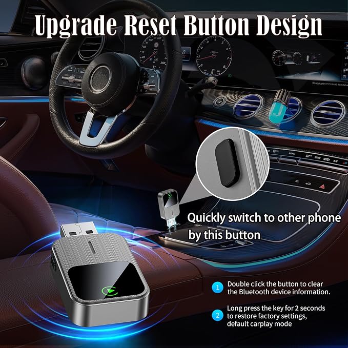 Wireless CarPlay Adapter-2025 Upgrade Built-in Wired CarPlay to Car Play Wireless Easy Use Plug&Play Fast Stable Connection Mini USB&Reset Button Design for Cars After 2016 (Only for iPhone)