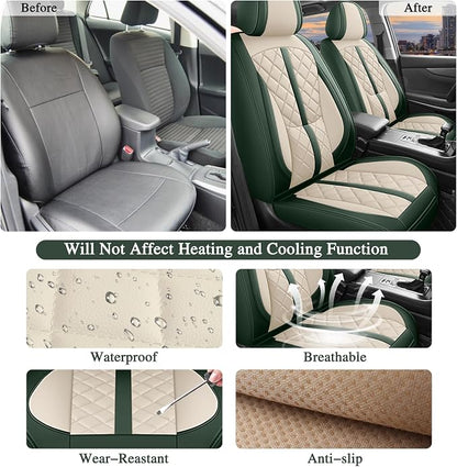 otoez Green Car Seat Covers Full Set, Universal Nappa Leather Seat Cover 5 Seat Waterproof & Breathable Automotive Seat Protector Full Coverage for Cars Sedens, Trucks, SUVs, Vans (White & Green)