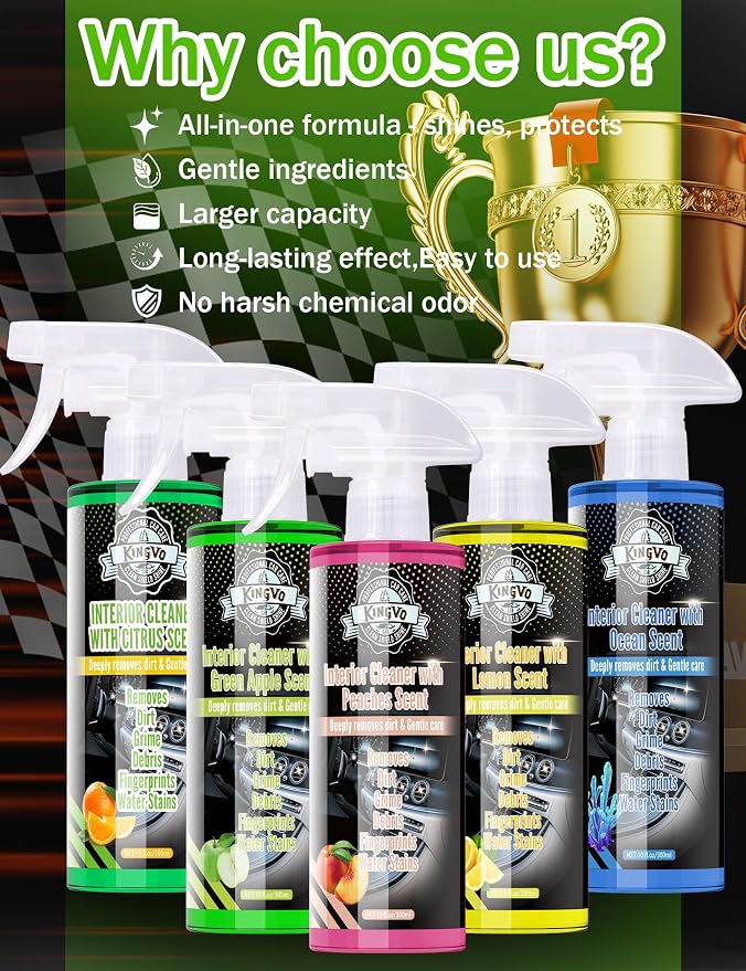 Kingvo Interior Car Cleaner, Car Seat Cleaner Cleaning Kit Carpet Shiny Stuff Deep Cleans Rubber Floor Mat Truck,Green Apple Scent