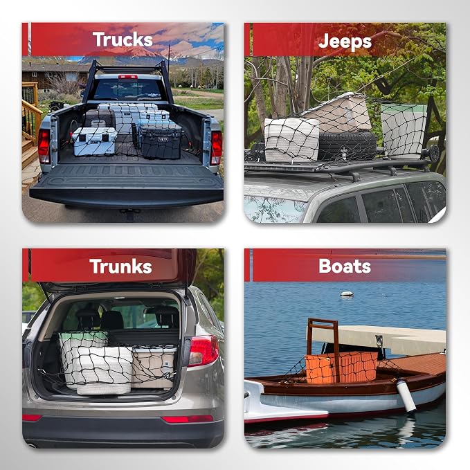 Reniteco Heavy-Duty 4'x6' Cargo Net Stretches to 8'x12' - Secures Heavy Loads with 12 Metal Carabiners, 4"x4" Mesh, Weather-Resistant & Includes Storage Bag for Trucks, SUVs, Jeeps, Trailers & Boats