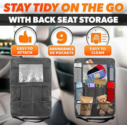2 Pcs Backseat Car Organizer - Travel-Ready 23.4x16" Back Seat Car Organizer with 9 Large Pockets & Clear Tablet Holder, Made of Reliable Polyester with Long and Strong Straps - Easy to Attach & Clean