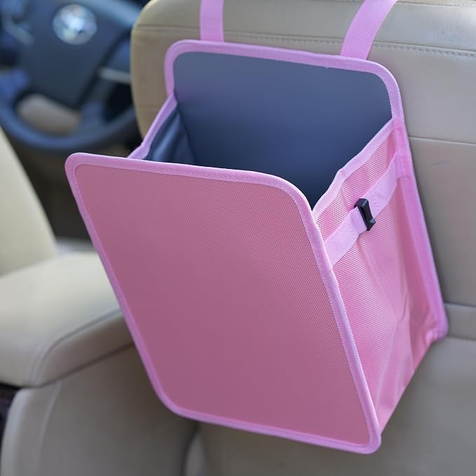 Ginsco 3 Gallons Open-Top Car Trash Can, Large Capacity Hanging Car Trash Bag with Water-Proof PEVA Liner, Stand Car Trash Bag Foldable Car Storage Bag for Cars SUV Truck (Pink)