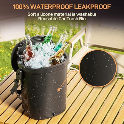 Waretary Trash Can for Car Garbage: Leakproof Silicone Car Waste Bin w/Lid for Drivers and Passengers; 2 Gallon Garbage Container for Vehicle, Sedan, SUV, Van, MPV & Truck (Black)
