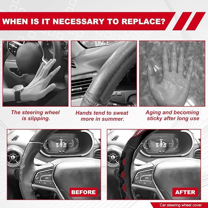 D Shaped 14.5-15 Inch Steering Wheel Cover, 3D Honeycomb Anti-Slip Design with Great Grip, Flat Bottom Comfy Car Steering Wheel Protector (Red)