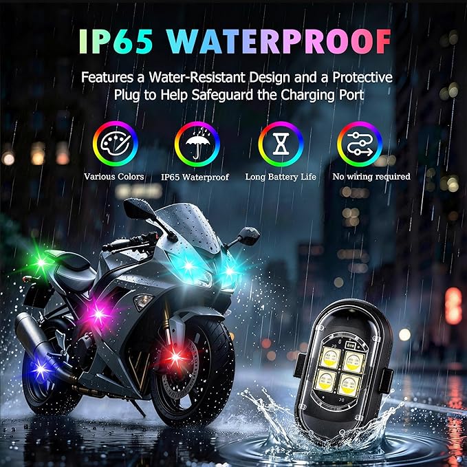Wireless LED Lights for Car 10 Pack Remote Strobe Warning Waterproof | USB C charging, adjustable 8 colors & 10 strobe flash modes, anti-collision, fits car, truck, motorcycle, bike, drone