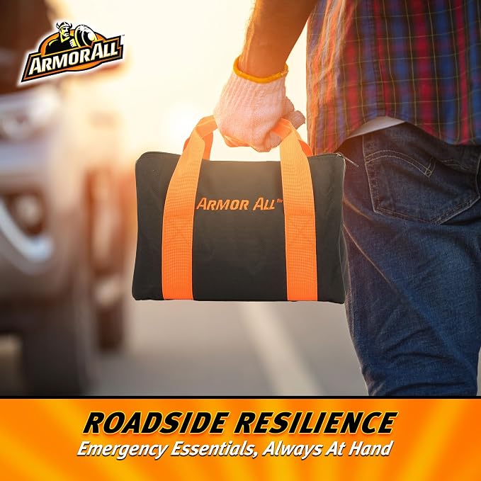 Armor All 10pc Roadside Emergency Kit - Storage Bag, Booster Cable (8ft 10GA), Blanket,Rain Poncho,Gloves, Insulation Tape Roll, Flashlight, Bungee Cord (2ft),Car Fuses (8pcs) & Reflective Safety Vest
