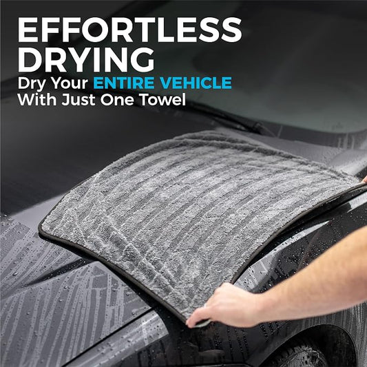 The Rag Company Gauntlet Car Drying Towel, Ultra-Absorbent 70/30 Blend Korean Microfiber, Dries Vehicles Faster Without Scratching, 900 GSM, 20x30 Inches, Ice Grey/Grey, 1-Pack