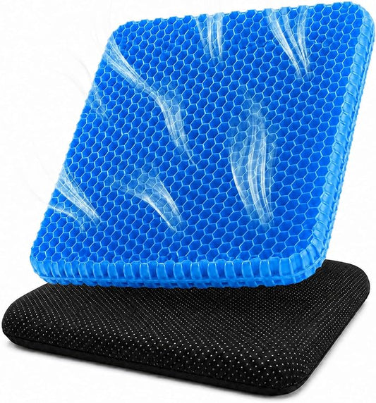 Gel Seat Cushion for Long Sitting – Double-Layer Honeycomb Cooling Chair Pad, Thick Supportive Gel Cushion with Breathable Non-Slip Cover for Office Chair, Car, Wheelchair & Long Sitting（Blue）
