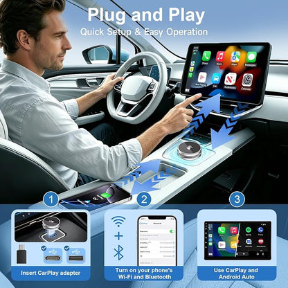2-in-1 Wireless CarPlay & Android Auto Adapter, CarPlay Dongle Convert Wired to Wireless, Bluetooth & Wi-Fi, Plug & Play, Zero Latency, Compatible with USB/USB-C(Silver)