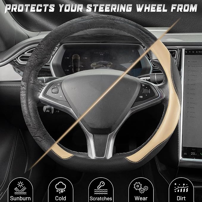 SEG Direct D Shaped Steering Wheel Cover, Flat Bottom Car Wheel Cover 14 1/2-15 in. (37-39 cm), Black and Beige Microfiber Leather
