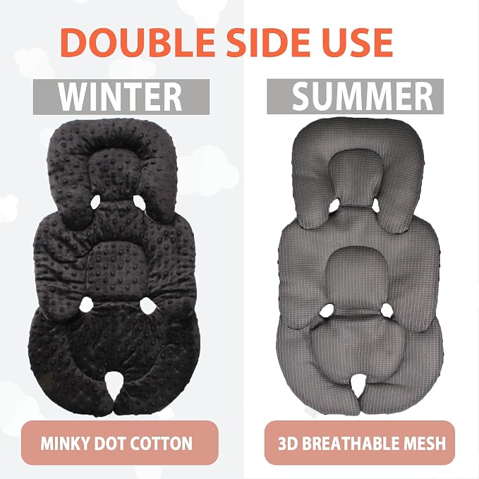 Infant Carseat Insert, 2-in-1 Reversible Baby Car Seat Cushion for Newborn Toddler Head & Body Support Car Seat Pad for Carseats, Strollers, Swings, Bouncers(Black)