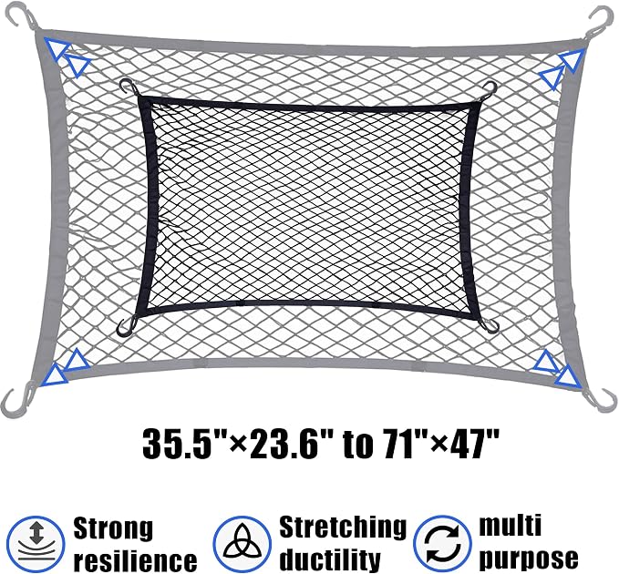Cargo Net for Utility Folding Wagon, Beach Cart,Trolley Cart, Wagon net Cover,Garden Cart Cover Net - Elastic Heavy Duty Nylon Net with 4 Hooks (35.5"×23.6" to 71"×47") (4)