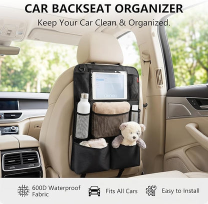 Backseat Car Organizer, backseat car organizer with 9 Pockets & Tablet Holder, Kick Mats for Car Seat Storage and Organization, 2 Pack, Black—Perfect for Travel.