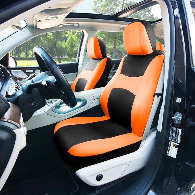 FH Group Flat Cloth Seat Covers Front Seat and Solid Rear Bench Full Set with Gift - Universal Fit for Cars, Trucks & SUVs (Orange)