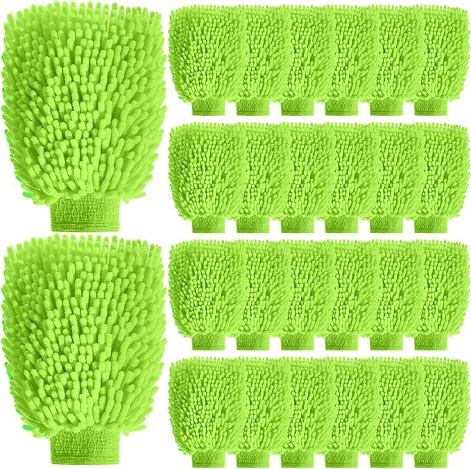 24 Pack Car Wash Mitt Bulk Microfiber, 10'' x 8'' Chenille Car Wash Mitt Gloves, Scratch Free Double Sided No Lint No Marks for Truck SUV and All Vehicle Surfaces (Lime Green)