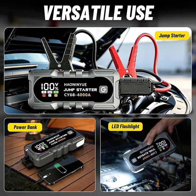 4000A Car Battery Jumper Starter, Battery Jumper Starter Portable (8.0LGas/6L Diesel), 16000mAh Charging Jump Box, Portable Car Jump Starter with Jumper Cables and 600LM LED Light