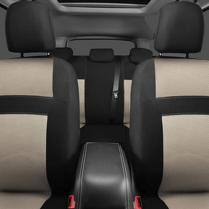 CAR PASS Seat Cover Full Sets, 3D Air Mesh Car Seat Cover with 5mm Composite Sponge Inside,Airbag Compatible Universal Fit for SUV,Vans,sedans, Trucks, Automotive Interior Covers (Black Beige)