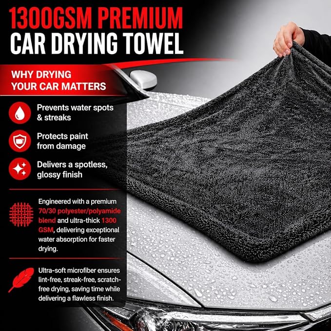 Microfiber Car Drying Towel & Interior Cleaning Cloth Set (2-Piece), 1300 GSM 24” x 36” Twisted Loop + 550 GSM 16” x 16” Coral Fleece, Streak-Free, Scratch-Free, Auto Detailing for Cars, Trucks & SUV
