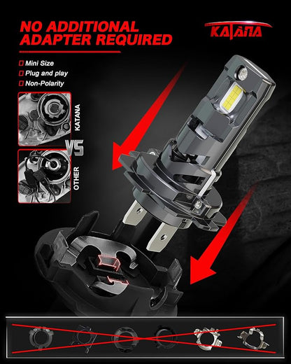 Katana H7 Bulbs, No Adapter Required 400% Brightness 6500K Non-Polarity, Powersports, Pack of 2