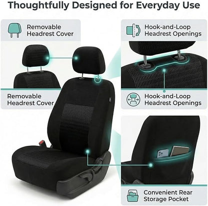 FH Group Universal Car Seat Covers Front Set for SUV Truck Sedan Vans | 3D Textured Breathable Fabric Seat Cover Set Protector with Airbag Compatible Interior Upgrade - Black