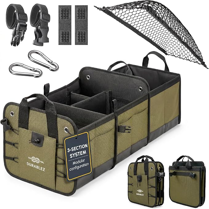 Heavy Duty 3-Section Trunk Organizer – Extra Large Collapsible & Foldable Cargo Box, Modular Car Storage System for SUV, Truck, Van – Green