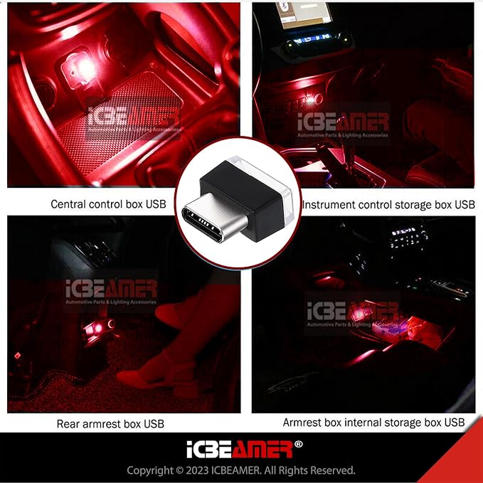 ICBEAMER Type C Adapters Atmosphere Light 1-Pack (Red) | Universal Plug-in Miniature LED Night Light for Car Interior and Trunk Ambient Lighting, Easy Installation, Energy Efficient