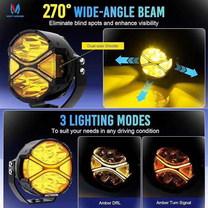 MICTUNING K6 4 Inch 160W Round Amber Fog Light Pods, with DRL 3 Modes & Protective Covers, 270° Side Shooter Light Bar, Hyper Spot Beam Offroad Lights, for Truck ATV UTV Car Motorcycle, Pair