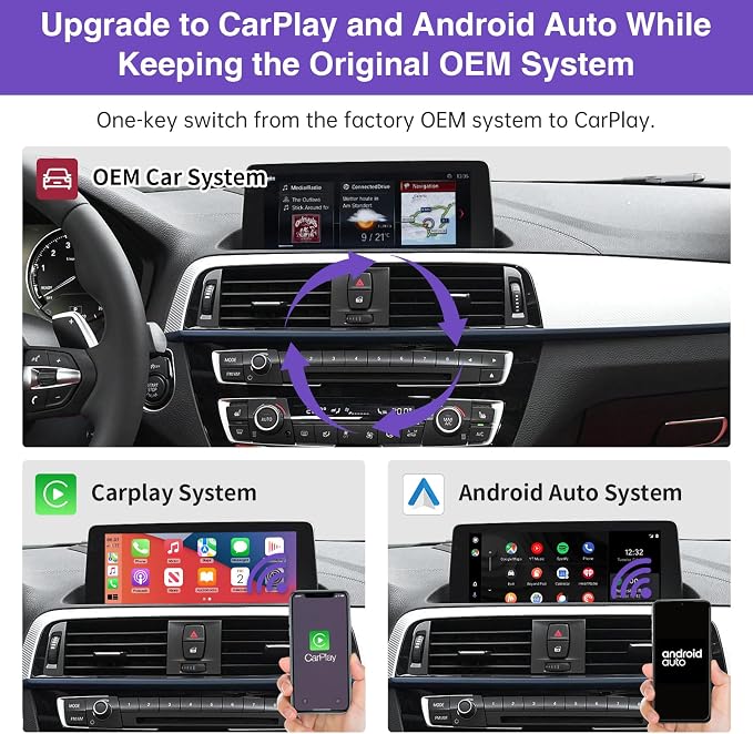 Wireless CarPlay Retrofit Kit Decoder Compatible with BMW 1/2/3/4/5/6/7/M3/M4/M5/X1/X2/X3/X4/X5/X6 (2017–2020), for EVO ID5 & ID6 System, Supports Android Auto, Mirror Link, Reverse Camera