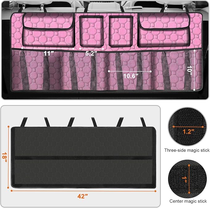 Car Trunk Organizer, Super Capacity Backseat Car Organizer for SUV/Truck/MPV(42"*18"), Hanging Car Storage Organizer with 8 Pocekts, Car Accessories for Women and Men- Pink