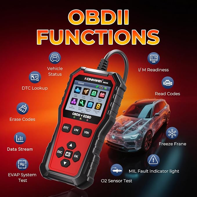 KONNWEI KW340 OBD2 Scanner Diagnostic Tool Code Reader for All OBDII Cars | Read & Clear Engine Codes, Live Data Stream, Battery Test, I/M Readiness, O2/EVAP Test, OBDII/EOBD