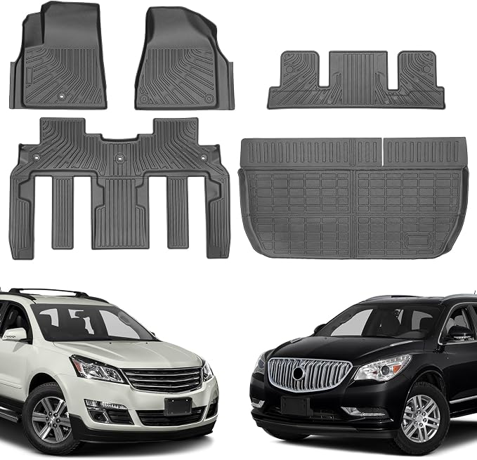 Floor Mats & Cargo Liner for Chevy Traverse 2009-2017 & Buick Enclave 2008-2017, Custom Fit All Weather TPE Floor Liners for Traverse & Enclave 7 Seats Accessories 3 Rows and Cargo Liner Set