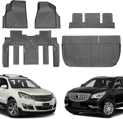 Floor Mats & Cargo Liner for Chevy Traverse 2009-2017 & Buick Enclave 2008-2017, Custom Fit All Weather TPE Floor Liners for Traverse & Enclave 7 Seats Accessories 3 Rows and Cargo Liner Set