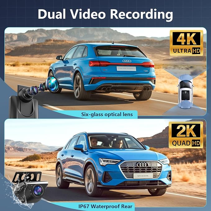 12" Rear View Mirror Camera 4K + 2K Mirror Dash Cam Front and Rear with STARVIS Night Vision Rearview Mirror Backup Camera, WDR, G-Sensor, Loop Recording, GPS, App, 64GB Card