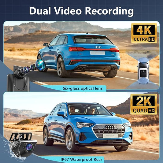 12" Rear View Mirror Camera 4K + 2K Mirror Dash Cam Front and Rear with STARVIS Night Vision Rearview Mirror Backup Camera, WDR, G-Sensor, Loop Recording, GPS, App, 64GB Card