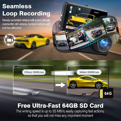 2K Dual Dash Camera for Cars, Free 64G SD Card, FHD 2K+1080P Dash Cam Front and Rear, 3.2'' IPS Screen, 176° Wide Angle Dashcam, 24H Parking Monitor, G-Sensor, Loop Recording, Night Vision, WDR