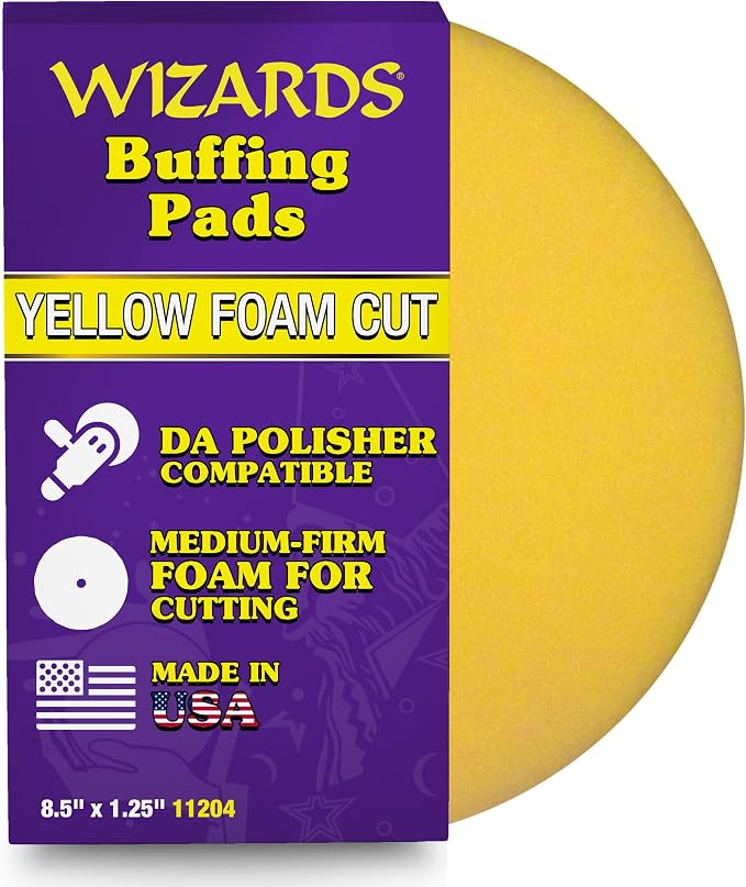 Wizards 11204 Yellow Foam Cut Buffing Pad – Polishing Pad for Orbital Buffer – Auto Paint Correction – Vehicle Detailing DA Attachment – Compound Tool for Car Scratches and Repairs - 8.5 x 1.25 Inch