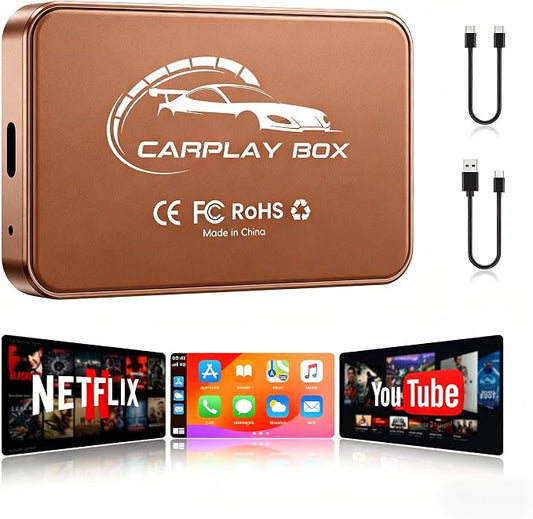 Wireless CarPlay Adapter Android Auto Dongle, 3-in-1 Magic AI Video Box for OEM Wired Cars, Built-in Netflix/YouTube for Streaming, 5.8GHz WiFi & Bluetooth 5.3, Convert Wired to Wireless, Brown