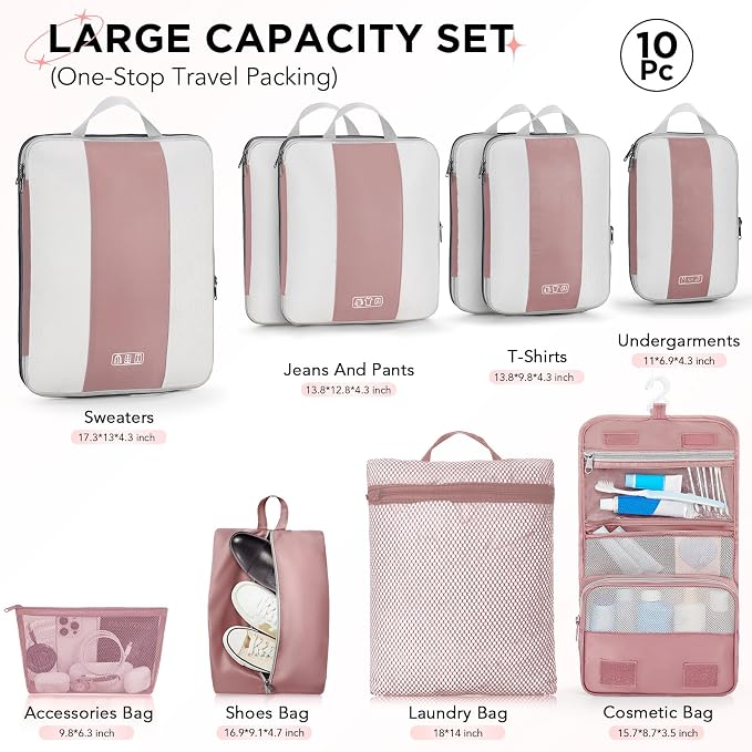OlarHike 10-Pack Compression Packing Cubes for Travel Essentials,Compressible Expandable Packing Cubes for Suitcase,Luggage Garment Bags for Travel,Handy Helper for Organizing Clothes(Light Coral)