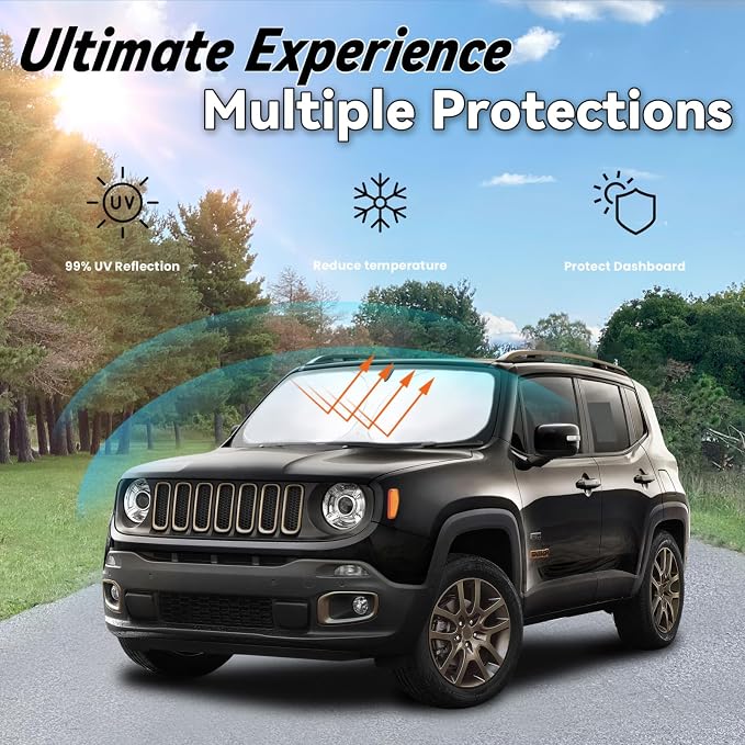 Windshield Sun Shade for Jeep Renegade 2015-2024, Car Front Window Sunshade with 240T Sun Visor Protector Blocks UV Rays Heat Sun Shield Accessories