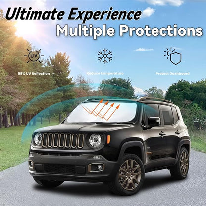 Windshield Sun Shade for Jeep Renegade 2015-2024, Car Front Window Sunshade with 240T Sun Visor Protector Blocks UV Rays Heat Sun Shield Accessories