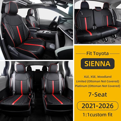 Custom Fit Sienna Seat Covers for 2021-2026 Toyota Sienna 7-Seat XLE XSE Woodland Limited Platinum [Ottoman Not Covered], Waterproof Faux Leather Full Set Airbag Compatible (Black+red)