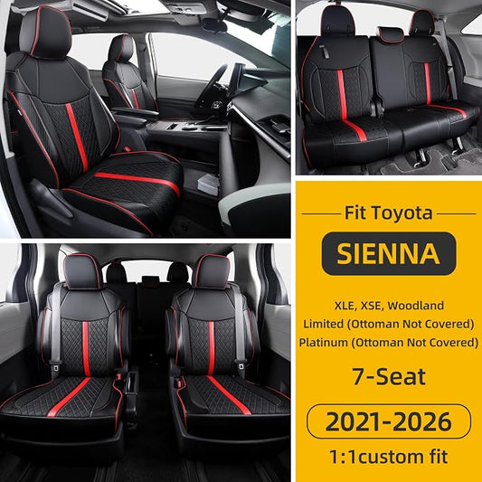 Custom Fit Sienna Seat Covers for 2021-2026 Toyota Sienna 7-Seat XLE XSE Woodland Limited Platinum [Ottoman Not Covered], Waterproof Faux Leather Full Set Airbag Compatible (Black+red)