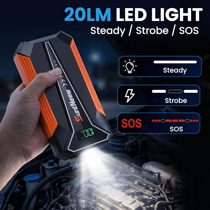 Jump Starter Power Bank 8000mAh (Up to 6.5L Petrol/5.0L Diesel),12V Battery Booster for Cars, Trucks, SUVs & Motorcycles,Compact Design with LED Light & PD 18W USB -Orange