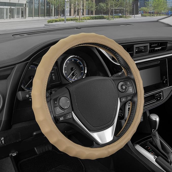 BDK Genuine Beige Leather Steering Wheel Cover for Car, Small 13.5-14 inch – Ergonomic Comfort Grip for Men & Women, Car Steering Wheel Cover for Vehicles with Small Steering Wheel